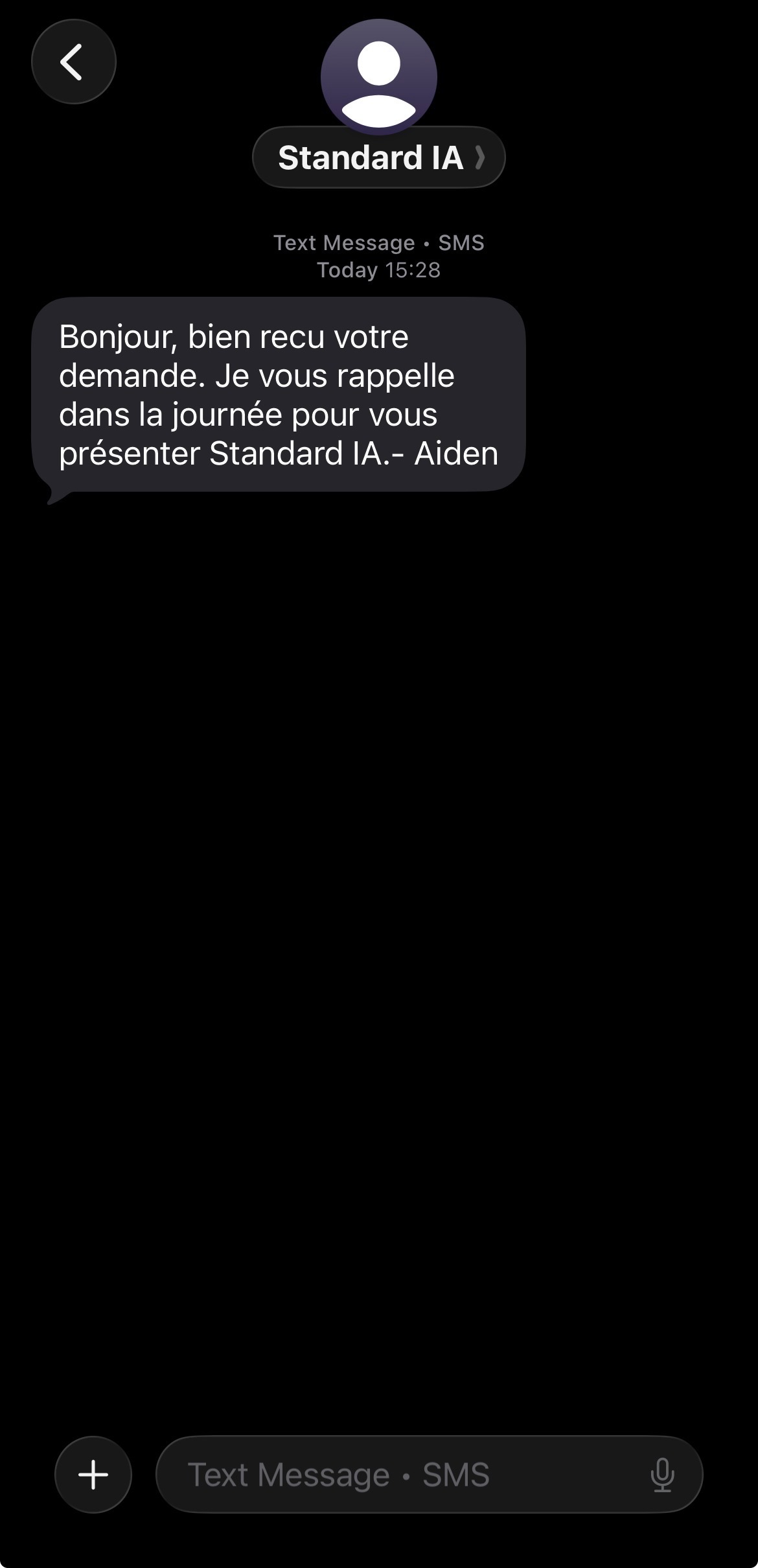 SMS envoyé par Standard IA